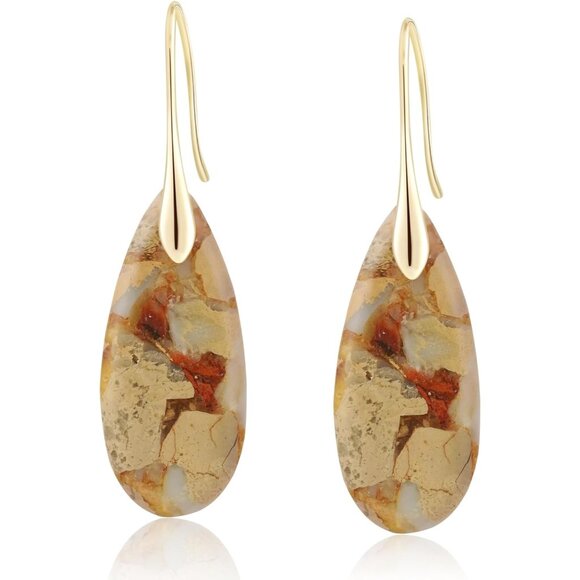 Camel -Gold hook Natural Healing Stone Fishhoop Dangle Drop Statement Earrings - Picture 1 of 5